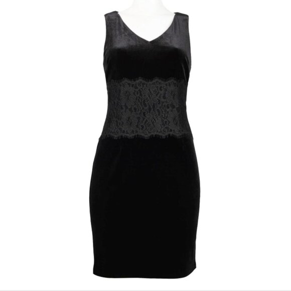NWT DONNA MORGAN Women's Black V-Neck Lace Inset Velvet Cocktail Dress Sz 14 - Picture 3 of 9